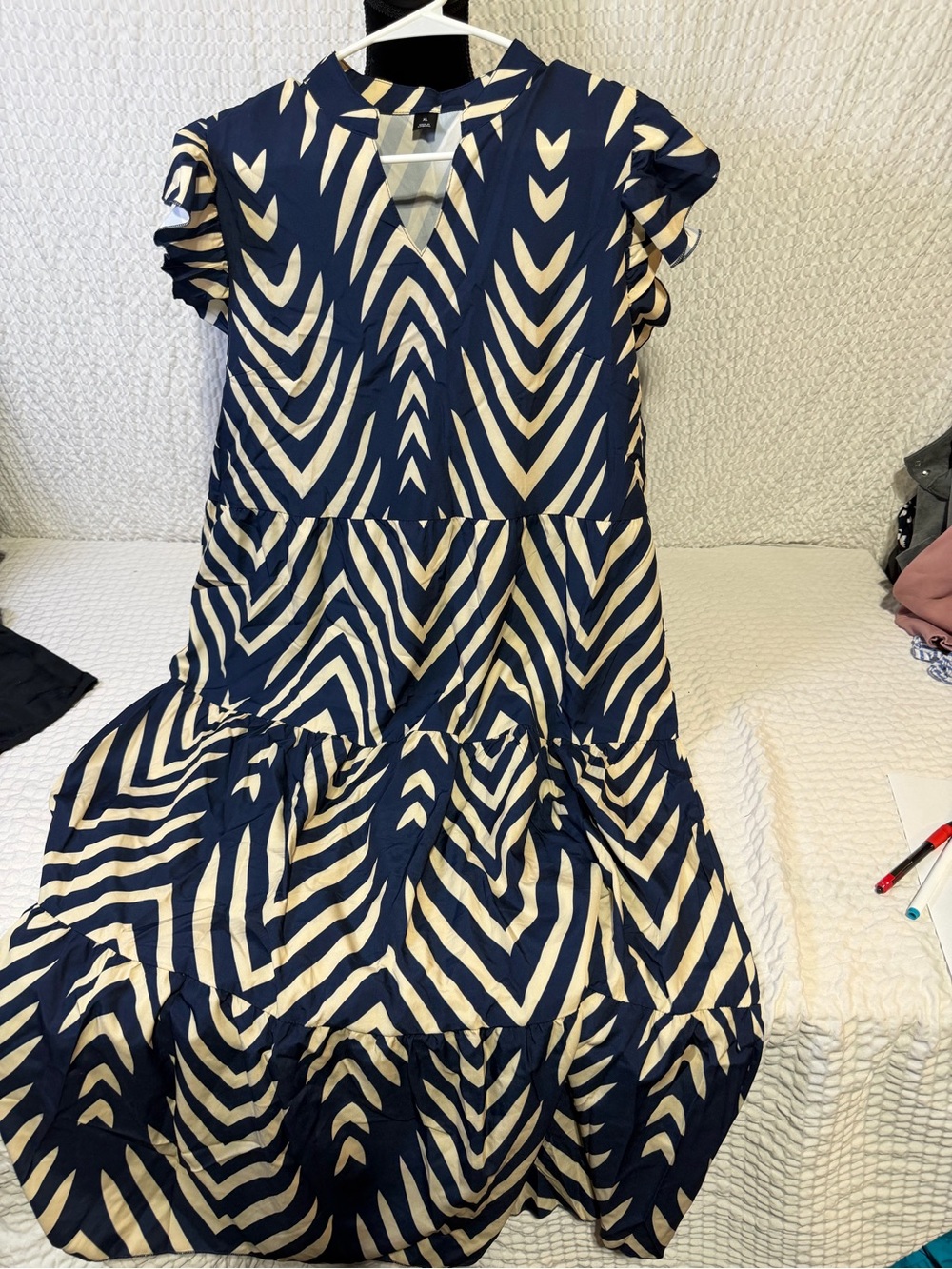 Women’s Navy and Cream V-Neck Tiered Maxi Dress